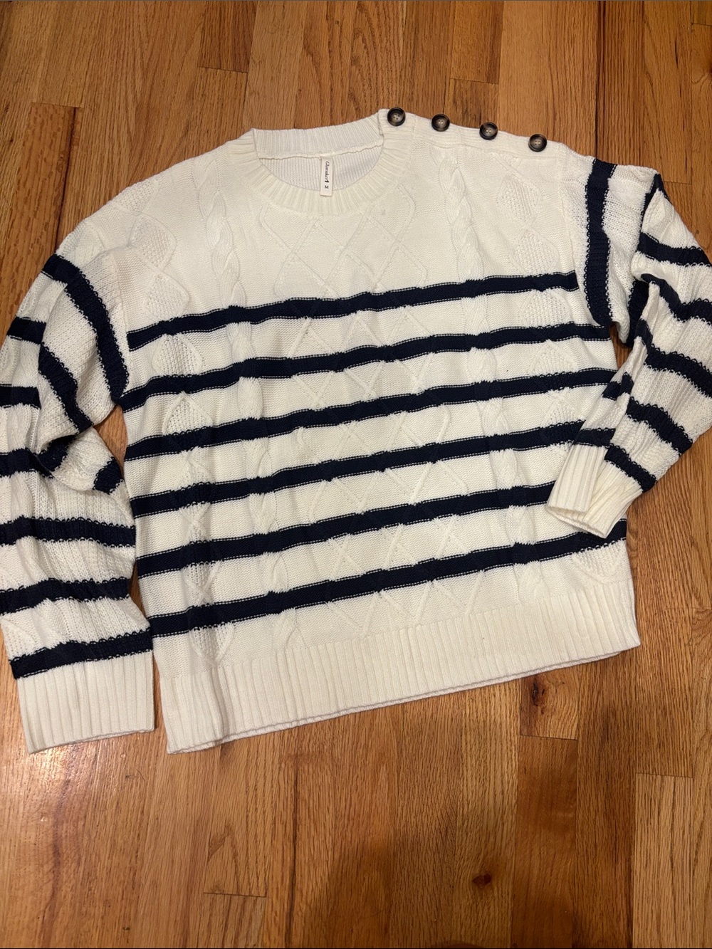 Striped Crewneck Sweater with Shoulder Buttons - White & Navy